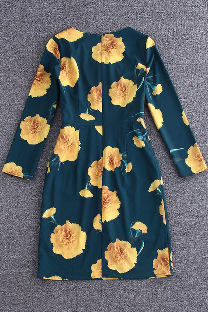Round Collar Floral Pattern 3/4 Sleeve Pocket Patch Dress