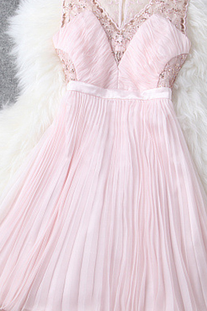 V-Neck Embroidered Mixed Bead Illusion Shrring Pleated Cocktail Dress