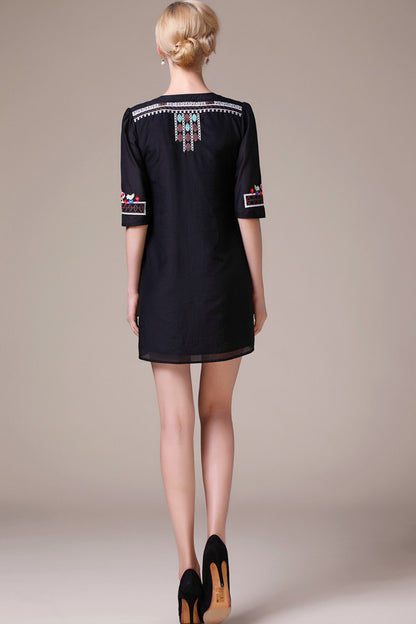 WOMEN'S V NECK CHINESE STYLE EMBROIDERY HALF SLEEVE CASUAL DRESS