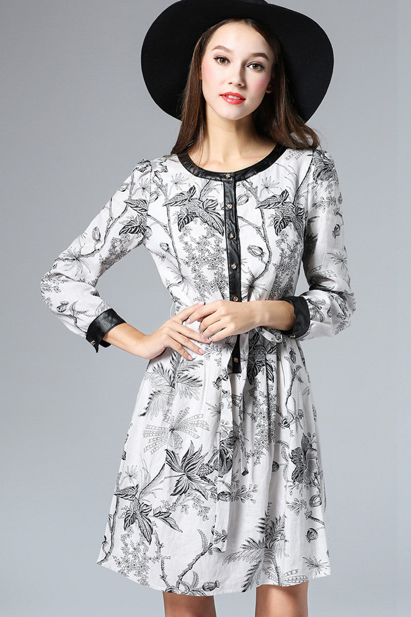 Linen Dress with Floral Printting - NJOYDRESS - 1