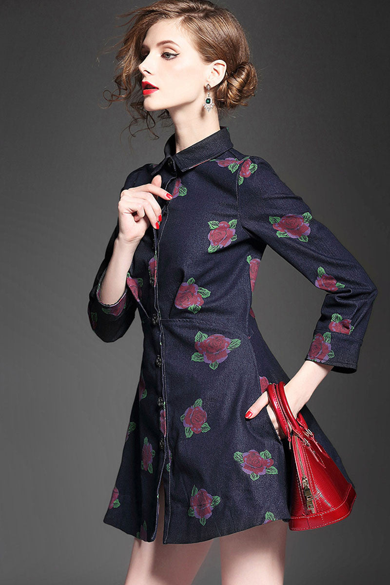 POLO NECK GRACE FLOWER PRINTING 9 SLEEVE SHORT DRESS
