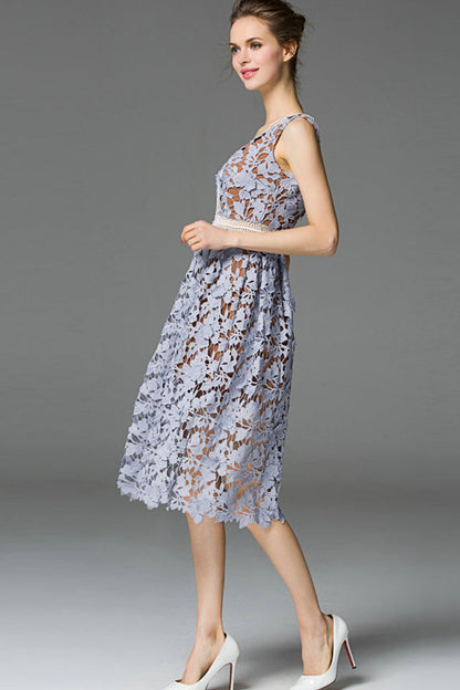 V Neck Lace Hollow-Out Flare A-Line Dress