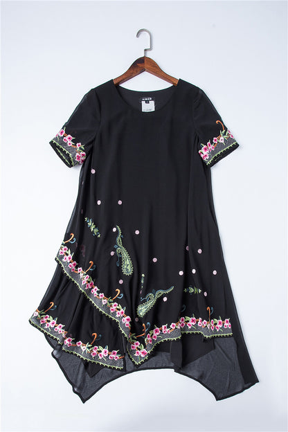 Rural Embroidery Round Neck Irregularity Long Dress