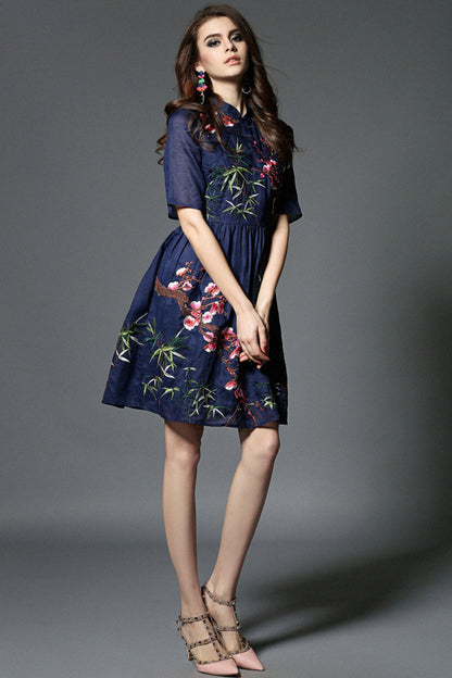 Stand Collar Retro Embroidery Shirring Waist Chi-Pao Dress