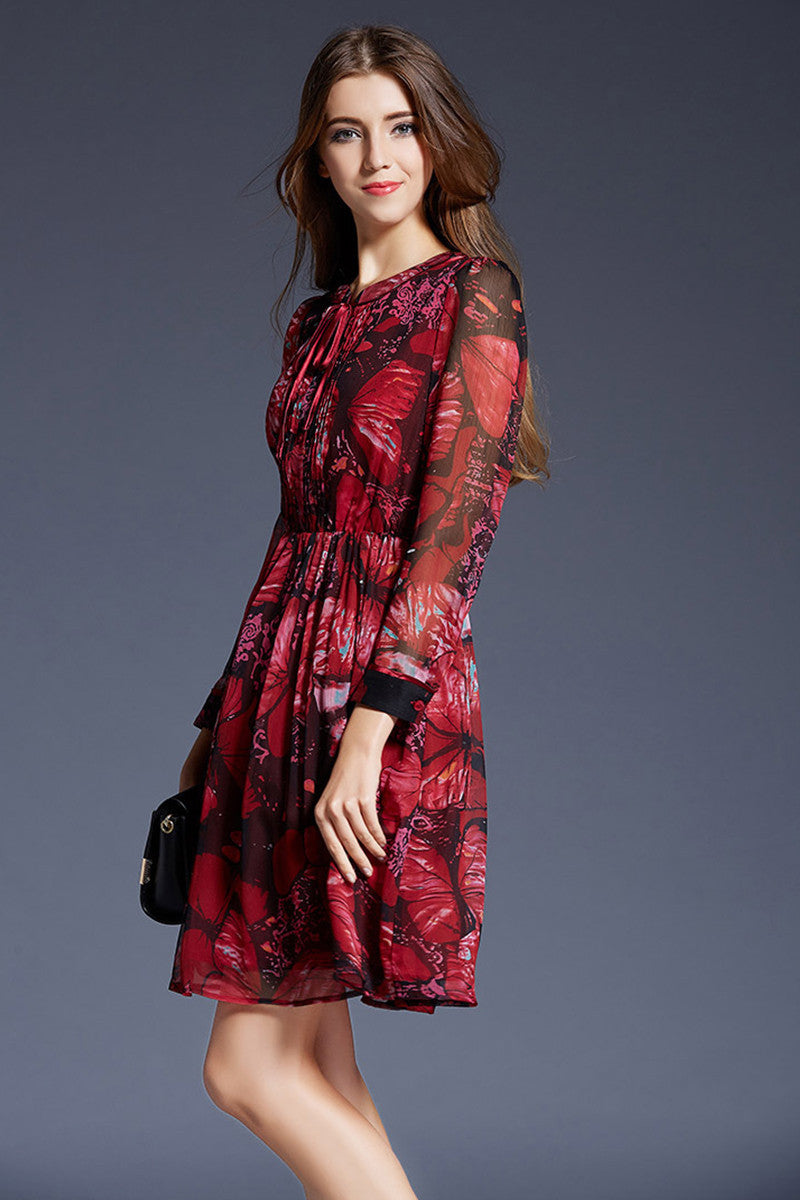 Lacing Bowknot Neck Floral Print Pleat Dress