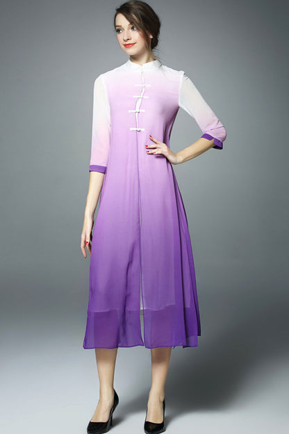 Stand Collar Chi-Pao Buttom Side Slit Midi Dress