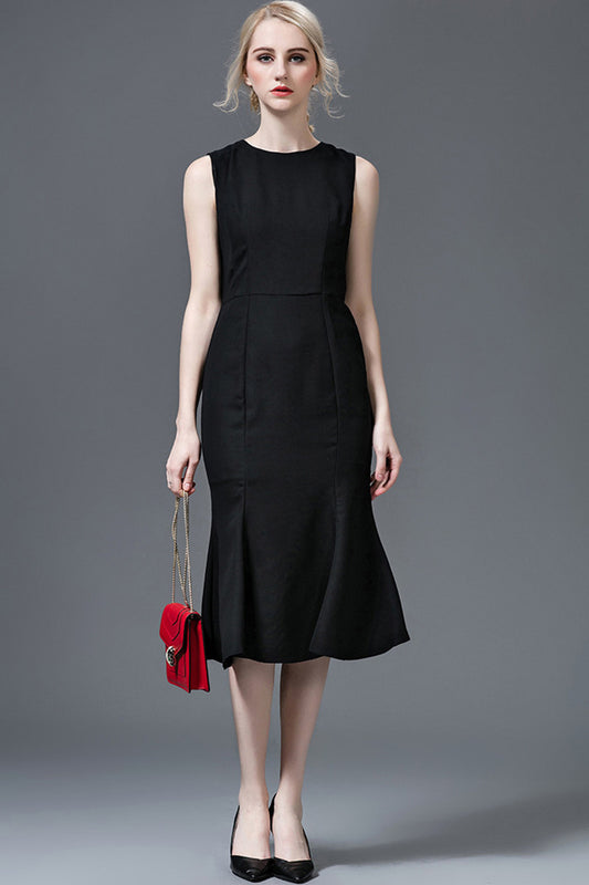 Classical  Black Cocktail Midi Fishtail Dress