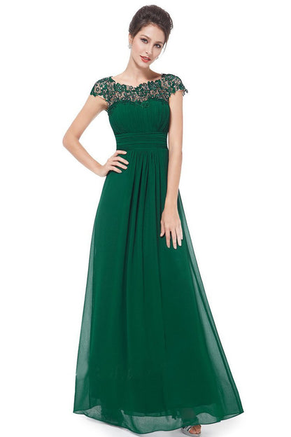 Boat Neck Lace AppliqueHollow-Out Back Empire Waist Tulle Gown Long Dress