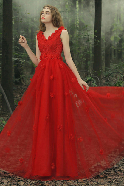 Deep V Neck Flower Patch Empire Waist Pleat Gown