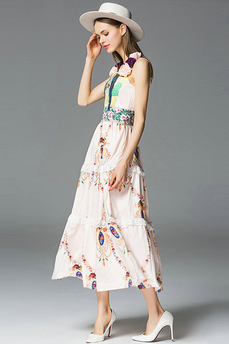 Vintage Spaghetti Embroidery Printing Maxi Dress