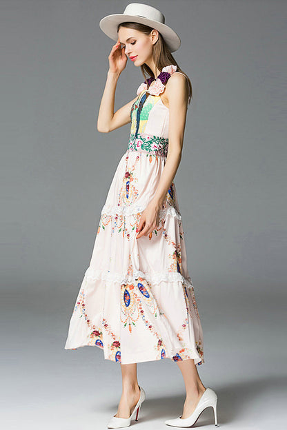 Vintage Spaghetti Embroidery Printing Maxi Dress