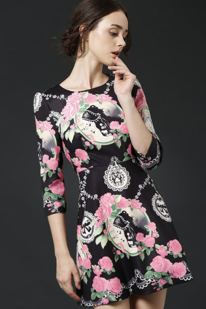 WOMEN'S CASUAL SLIM ROUND NECK 3/4 SLEEVE PRINT AND FLORAL SEXY SHORT DRESS