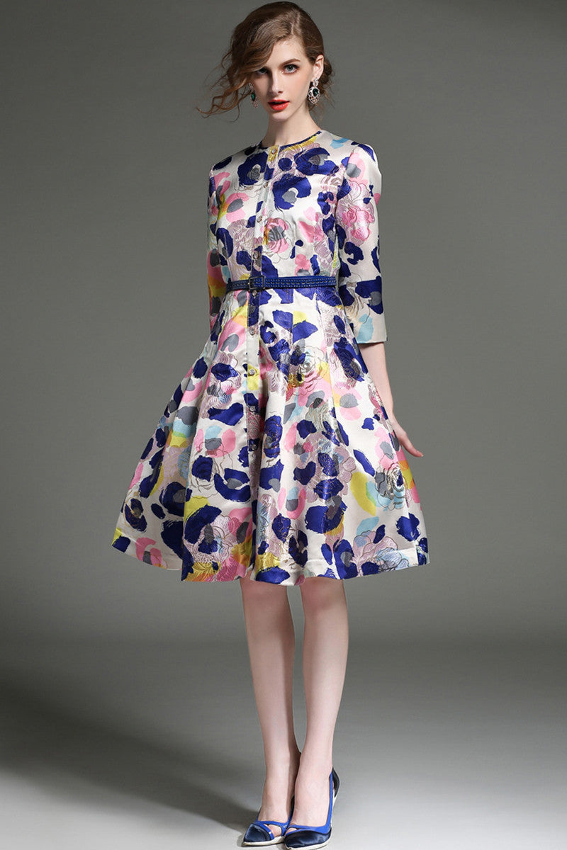 women's casual a-line round neck 3/4 sleeve flower printing midi dress