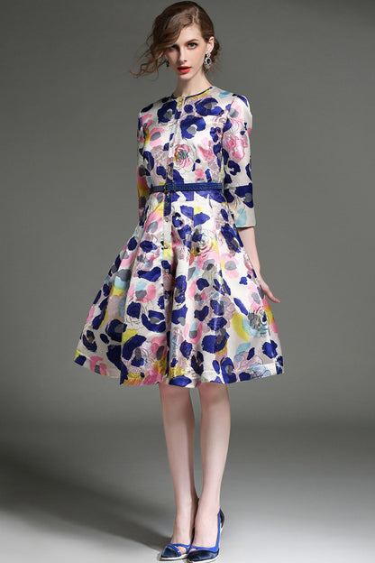 women's casual a-line round neck 3/4 sleeve flower printing midi dress