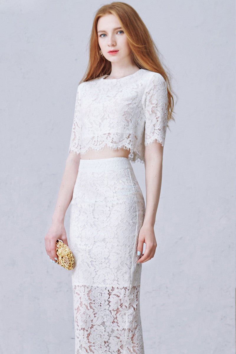 Round Collar Lace Crop Bodycon 2 Piece Party Pencil Skirt Dress