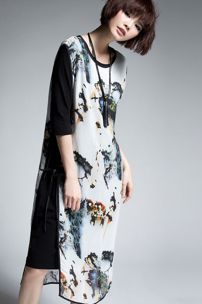 1/2 Sleeve Solid Dress With Landscape Printing Spaghetti Outer Layer Dress