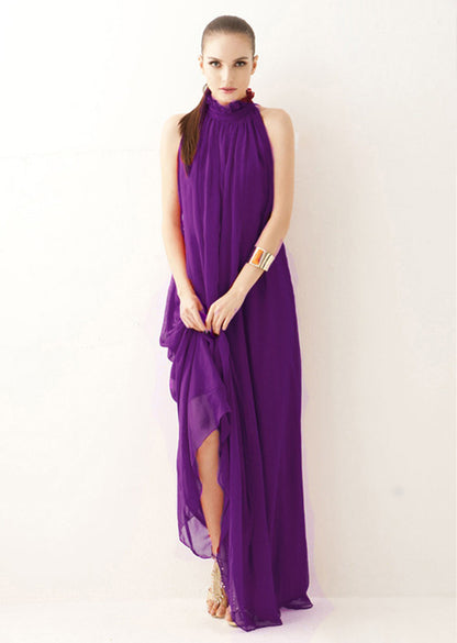 Ruffle Neck Solid Chiffon Boho Dress