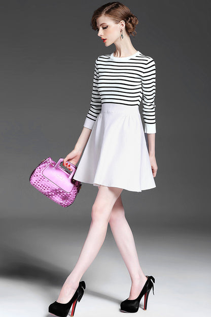Faux Stripe Top With Solid Flared Skirt Dress