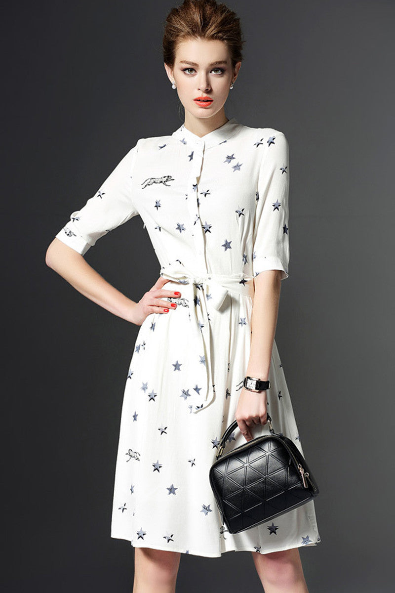 Stand Collar Slim Waist Line Short Sleeve Midi Dress With Belt