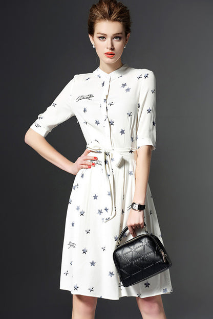 Stand Collar Slim Waist Line Short Sleeve Midi Dress With Belt