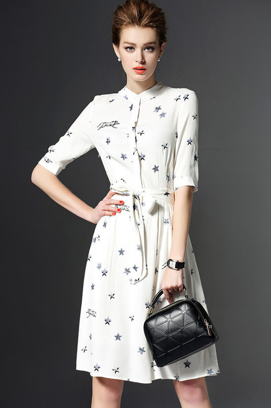 Stand Collar Slim Waist Line Short Sleeve Midi Dress With Belt