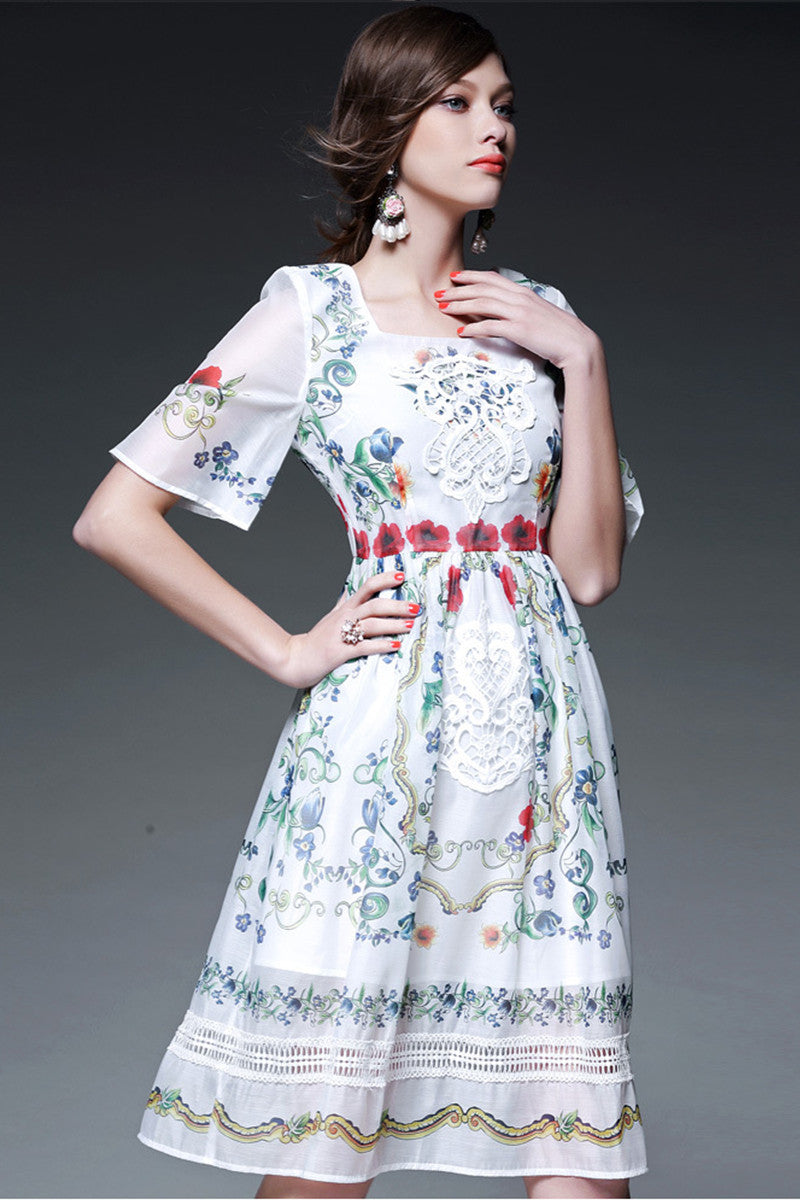 Square Neck Flowers Print Mesh Patch Empire Waist Swing Dress