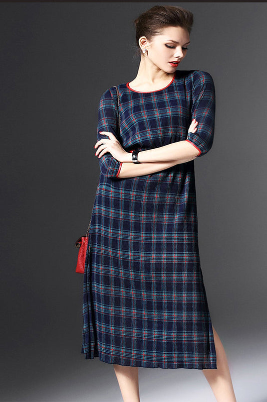 Side Slit Check Midi Dress  with Color Blinding On Neck Round - NJOYDRESS - 1
