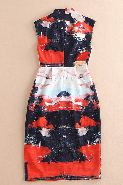 VINTAGE SLIM PRINTING SLEEVE WATERCOLOUR STAND COLLAR DRESS