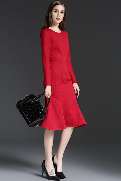 WOMEN'S ROUND NECK WEAR TO WORK ELEGANT 9 SLEEVE MIDI DRESS
