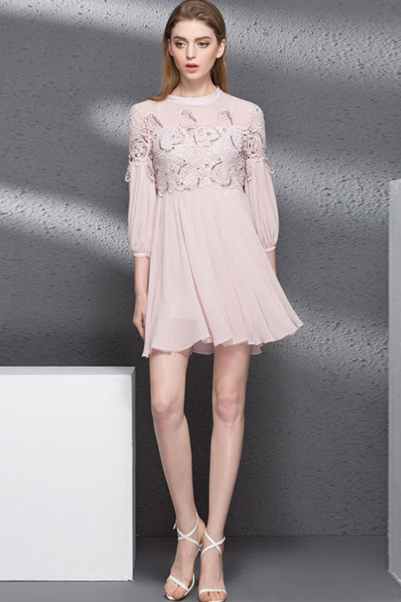 Casual 3/4 Sleeve Embroidery High Waist Pleated Skirt