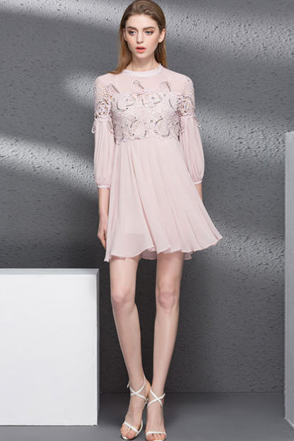 Casual 3/4 Sleeve Embroidery High Waist Pleated Skirt