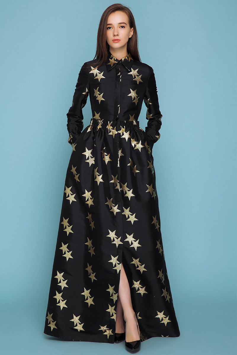 Roll  Collar Stars Print Front Slit Ankle Dress - NJOYDRESS - 1