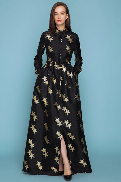 Roll  Collar Stars Print Front Slit Ankle Dress - NJOYDRESS - 1