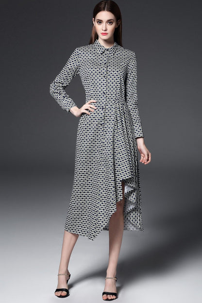 Lapel Neck Dots Print Irregular Midi Dress