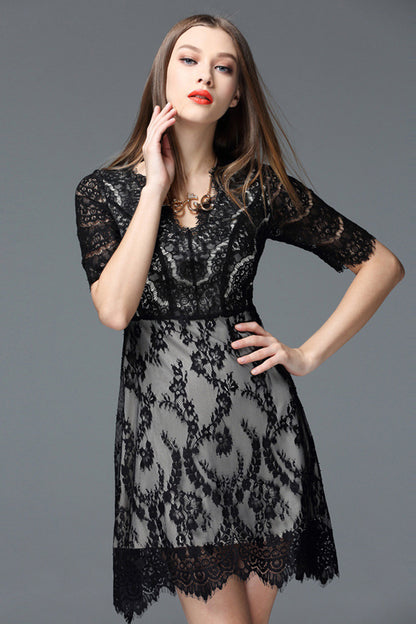 V-Neck Eyelash Lace 1/2 Sleeve Dress - NJOYDRESS - 1