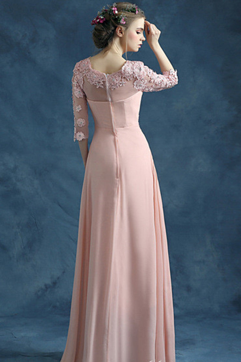 Round Collar Beaded Floral Lace Runched Long Dress