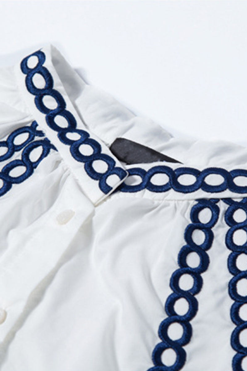 Stand Collar   Embroidered  Short Front Long Back Shirt - NJOYDRESS - 4