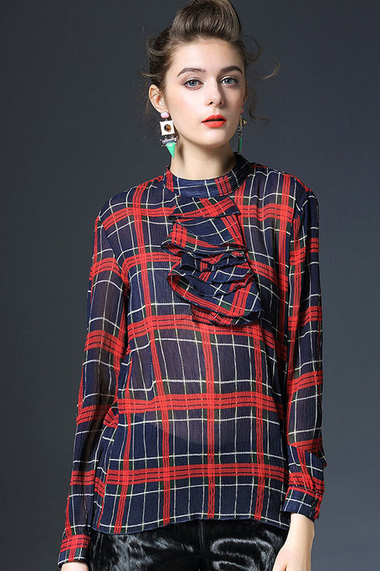 Big Check With Ruffle Mock Neck Blouse - NJOYDRESS - 1