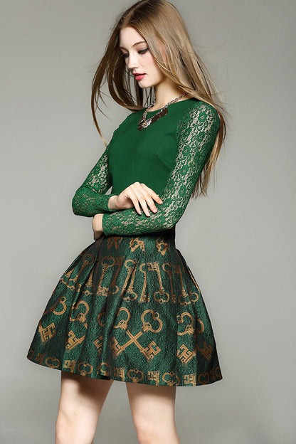 Women's Slim Lace Dress Boat Neck Long Sleeve Printing Short Dress