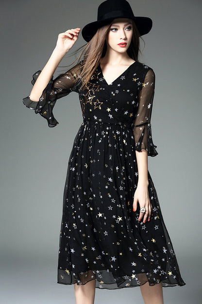 Deep-V Ruffle Sleeve Star Pattern Dress - NJOYDRESS - 1