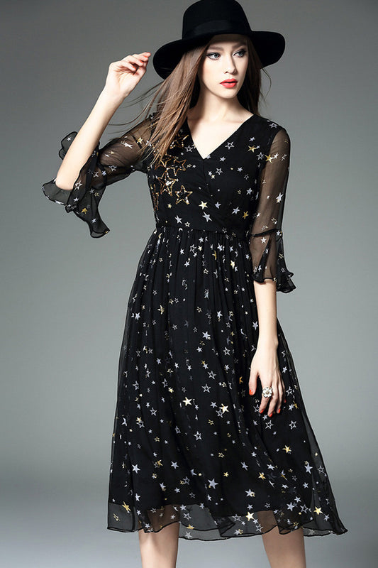Deep-V Ruffle Sleeve Star Pattern Dress - NJOYDRESS - 1