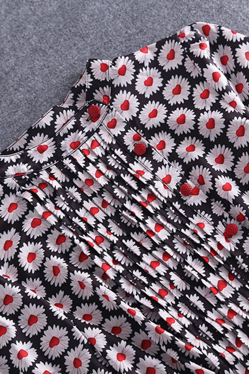 Stand Collar Floral Pattern Pleat Dress With Belt