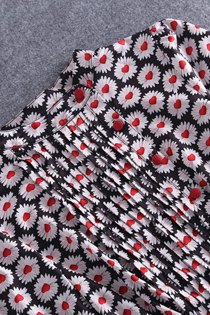 Stand Collar Floral Pattern Pleat Dress With Belt