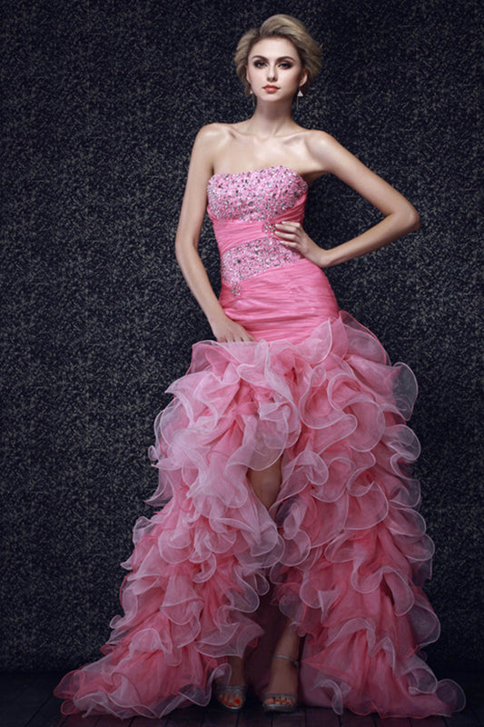 Strapless Organza Pleated Lace-up Prom Party Dress