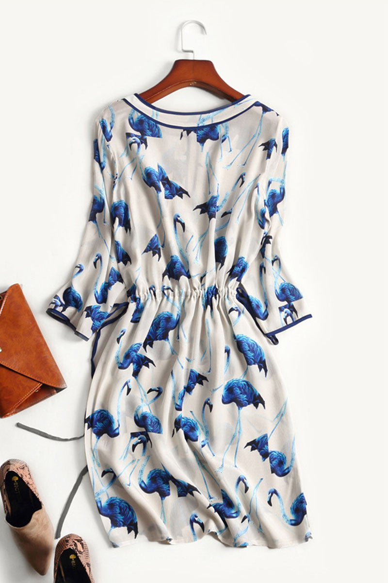 CASUAL H-LINE LOOSE ROUND NECK 3/4 SLEEVE CRANE PATTERN DRESS WITH BELT