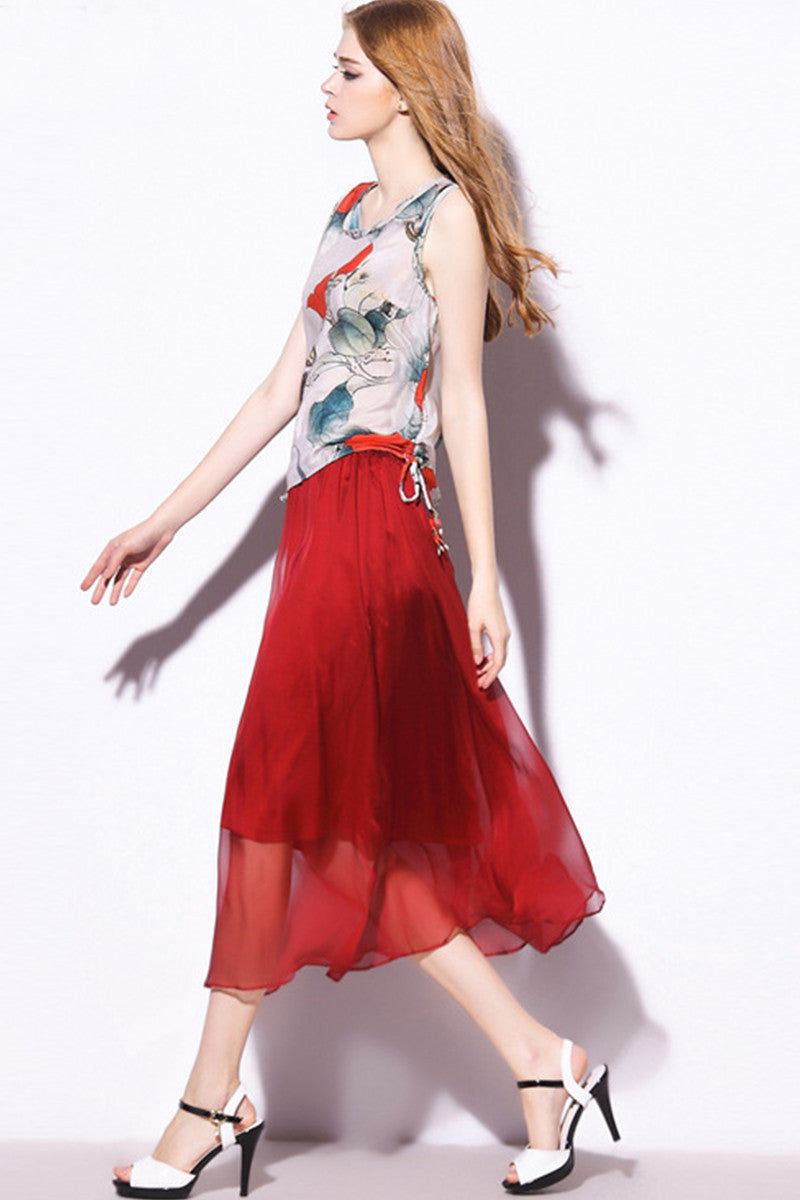 Side Drawstring Ink Tank Top With Solid Maxi Skirt