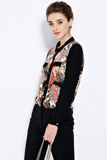 Lapel Neck Color Block Character Print Blouse