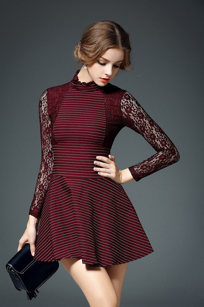 Thin Stripe Joint Lace Little Mock Neck Dress