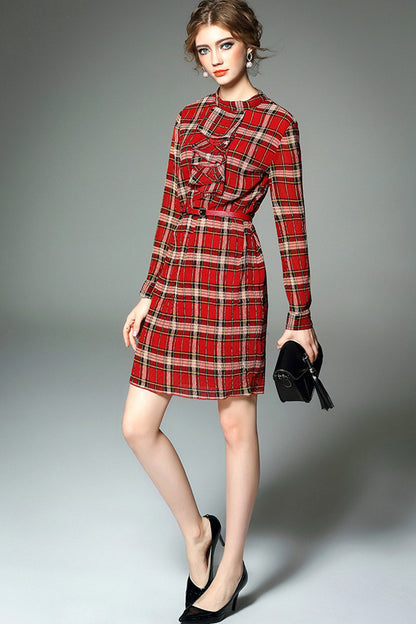 Round Collar Scottish Plaid Print Slim Dress With Belt