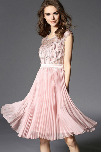 Little Cap Sleeve Lace-Inset With Beaded Embroidered Pleated Cocktail Dress